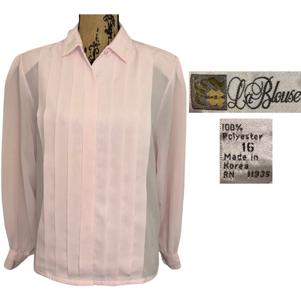 80s La Blouse Pleated Puff Sleeve Button Down Shirt Light Pink Size 16 Vintage